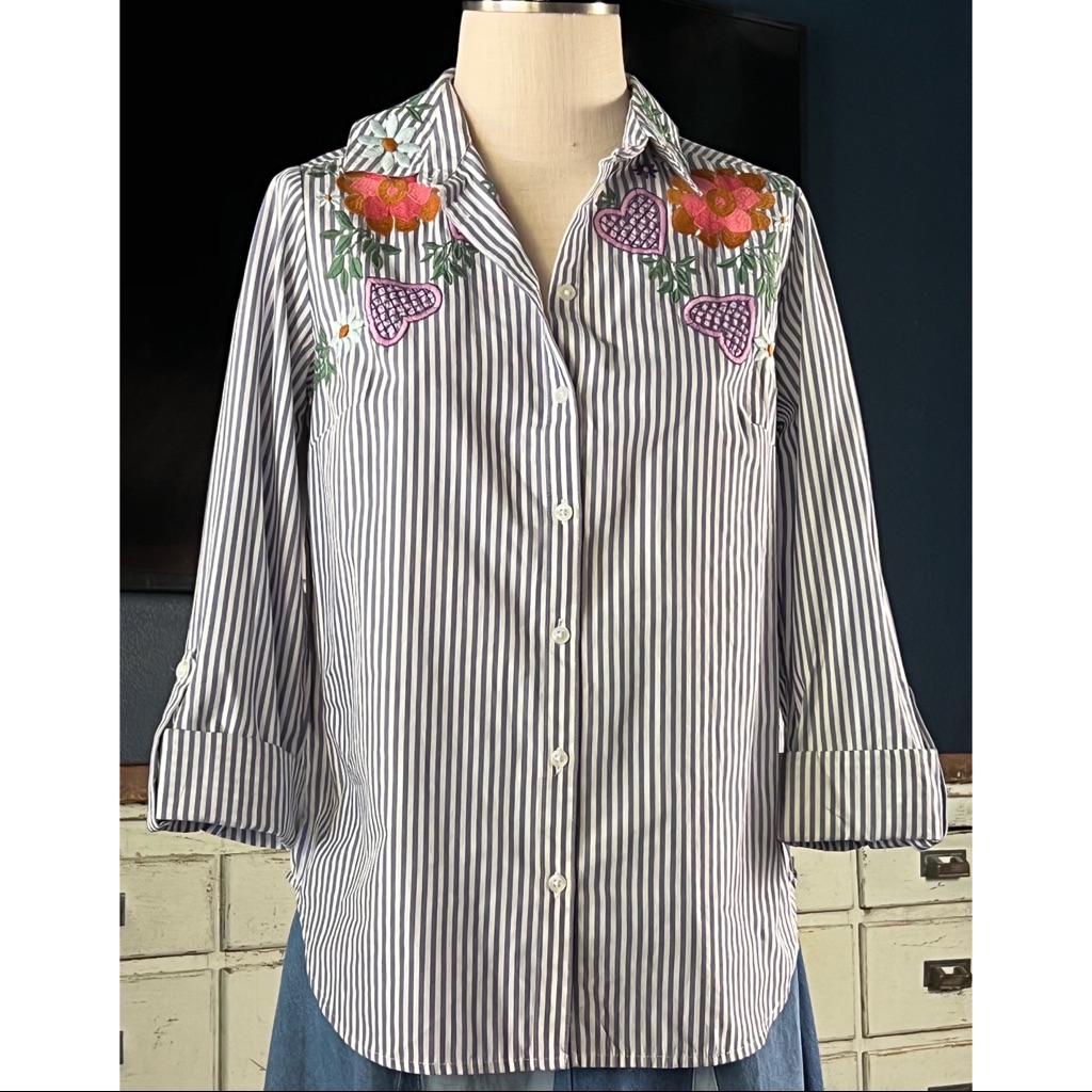 Anthropologie Maeve Embroidered Floral Striped Buttondown Shirt 6